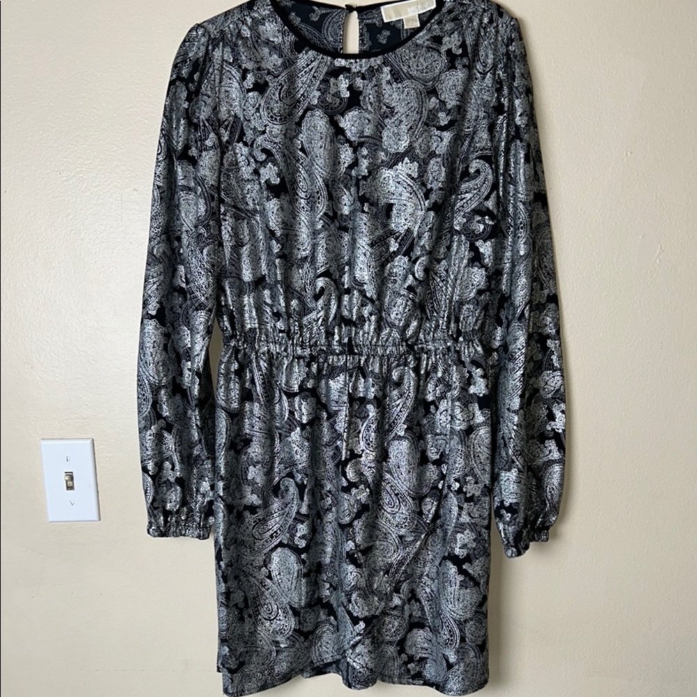 Michael Kors Long Sleeve Dress in Black and Gray Paisley